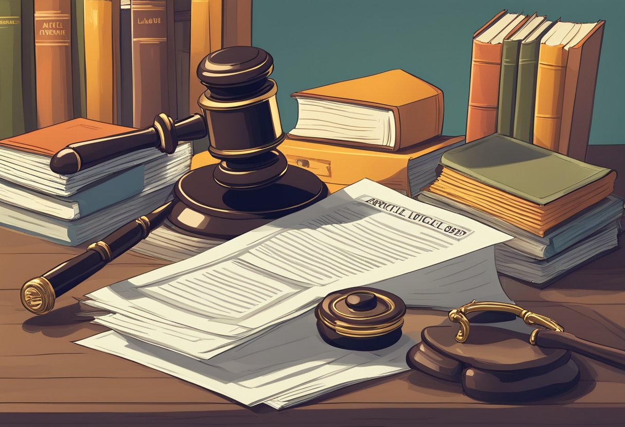 The scene depicts a legal document with the title "Article 16th Penal Code: Subsequent Repentance" surrounded by law books and a gavel